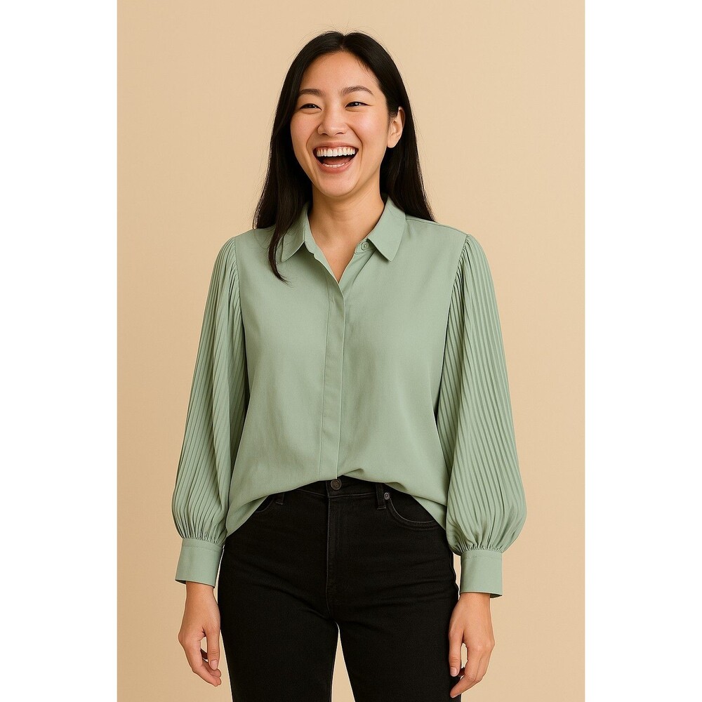 Blair Button Front Collared Pleated Balloon Sleeve Blouse 2XL